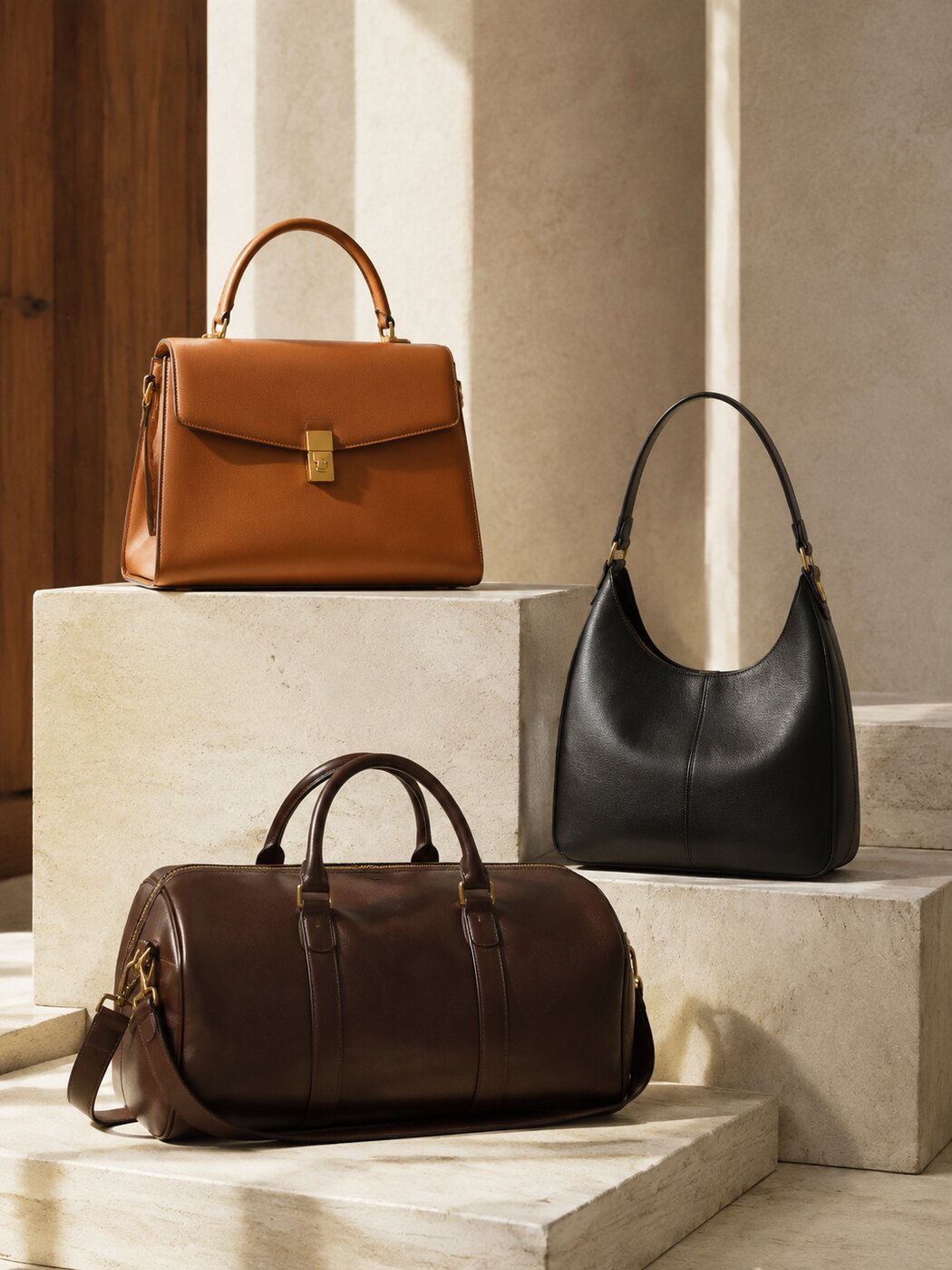 Curated collection of cognac, black and espresso leather bags