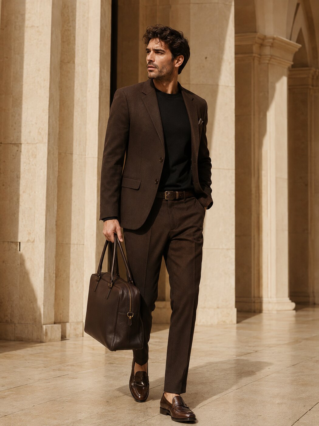 Elegant man carrying an espresso leather bag