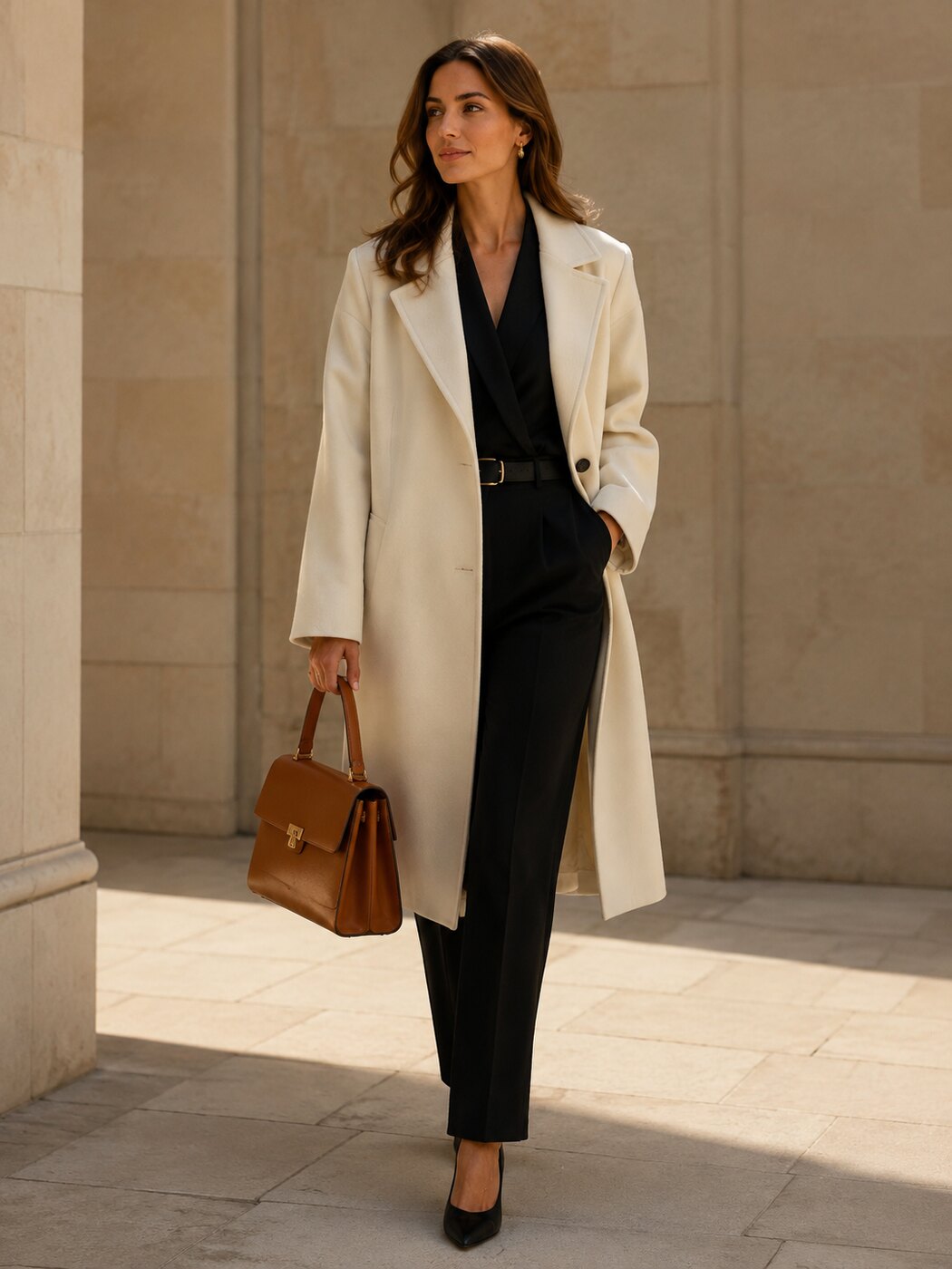 Elegant woman carrying a cognac leather handbag